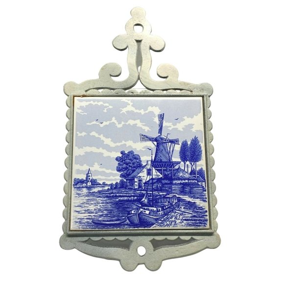 Vintage Dutch Windmill Trivet Countryside Boats Blue White Tile Made in Japan - Picture 12 of 12